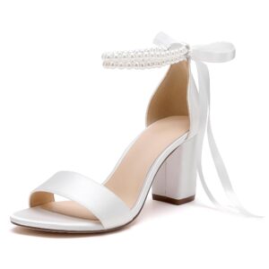 Bridal Excessive Heel Open Toe Pearl Sandals for Ladies – Satin Chunky Block Heels with Ankle Strap for Weddings, Promenade, and Night Events