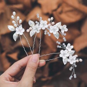 Casdre Floral Bridal Hair Pins with Pearls and Rhinestones – Wedding ceremony Hair Equipment for Girls and Ladies (Set of three) – Silver