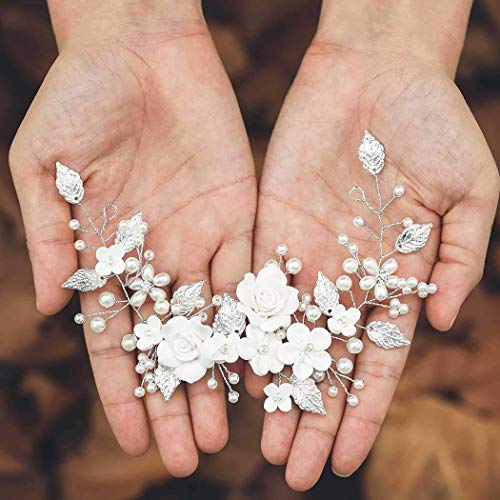 CASDRE Silver Flower Bride Marriage ceremony Hair Vine with Pearl and Leaf Equipment - Bridal Headpiece for Girls and Ladies