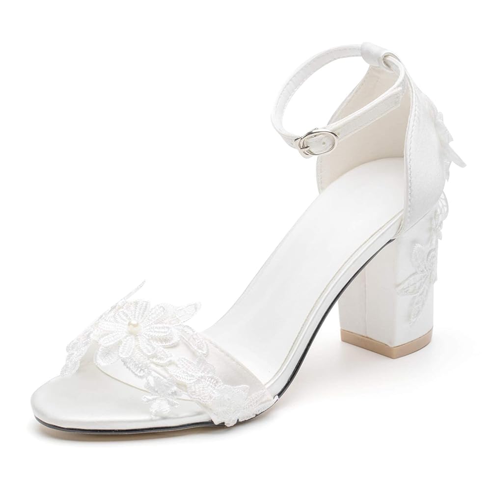 Snug Ladies’s Open Toe Bridal Sandals with Lace Satin, Mid Block Heel, and Ankle Strap for Weddings