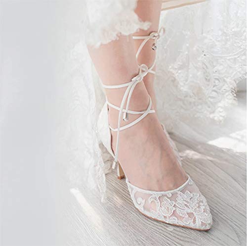 ERIJUNOR Girls's Ivory Lace Mesh Satin Bridal Marriage ceremony Sneakers - Comfy Mid Heel Pointed Toe Pumps with Tie-Up Ankle Strap