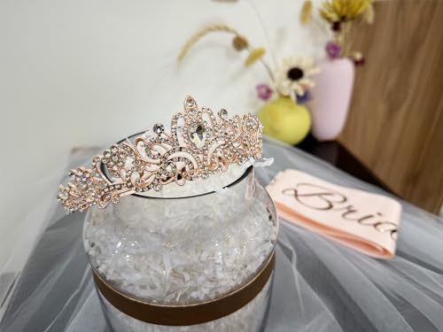 JETKONG 3-Piece Bachelorette Occasion Set: Bridal Bathe Crown, 'Bride to Be' Sash, and Veil for Ladies - Good Bachelorette Occasion Presents and Provides (Rose Gold)