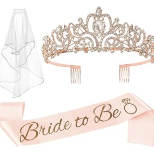 JETKONG 3-Piece Bachelorette Occasion Set: Bridal Bathe Crown, ‘Bride to Be’ Sash, and Veil for Ladies – Good Bachelorette Occasion Presents and Provides (Rose Gold)