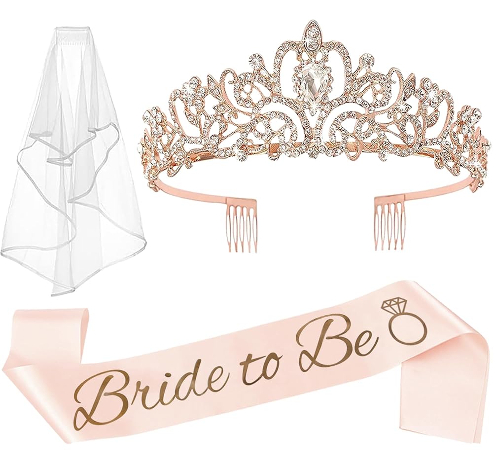 JETKONG 3-Piece Bachelorette Occasion Set: Bridal Bathe Crown, ‘Bride to Be’ Sash, and Veil for Ladies – Good Bachelorette Occasion Presents and Provides (Rose Gold)