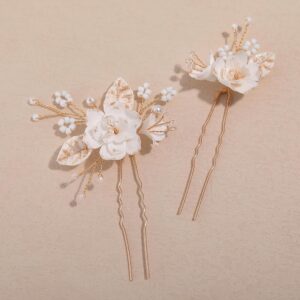 Set of two Bridal Hair Pins with Smooth Ceramic Flowers – Gold Marriage ceremony Hair Equipment for Ladies and Ladies