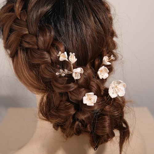 Set of 4 Bridal Hair Pins with Comfortable Ceramic Flowers - Marriage ceremony Hair Equipment for Ladies and Ladies in Gold