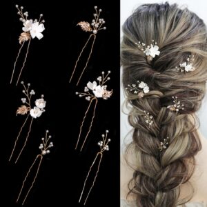 Set of 6 Handmade Pearl Bridal Hair Pins – White Flower and Gold Leaf Clips – Elegant Hair Equipment for Girls and Excellent Valentine’s Day Items