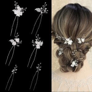 Set of 6 Handmade Pearl Bridal Hair Pins with White Flowers and Gold Leaf Clips – Elegant Hair Equipment for Ladies, Excellent for Weddings and Valentine’s Day Presents