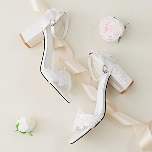 Snug Ladies's Open Toe Bridal Sandals with Lace Satin, Mid Block Heel, and Ankle Strap for Weddings