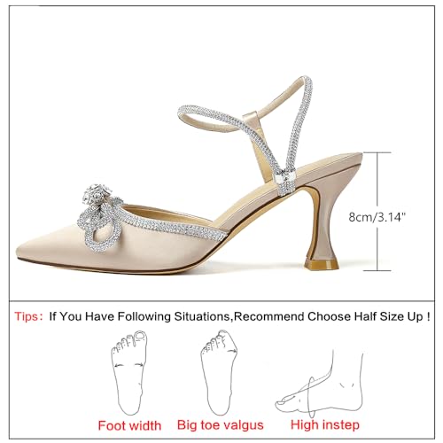 Susanny Ladies's Closed Toe Rhinestone Marriage ceremony Slingback Kitten Heels with Adjustable Strap, Pointed Toe Bow Pumps for Promenade and Formal Occasions